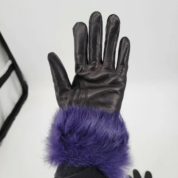 Wilsons Black Leather Purple Fur Cuff Gloves Women's Size Medium Winter Classic - Picture 3 of 9